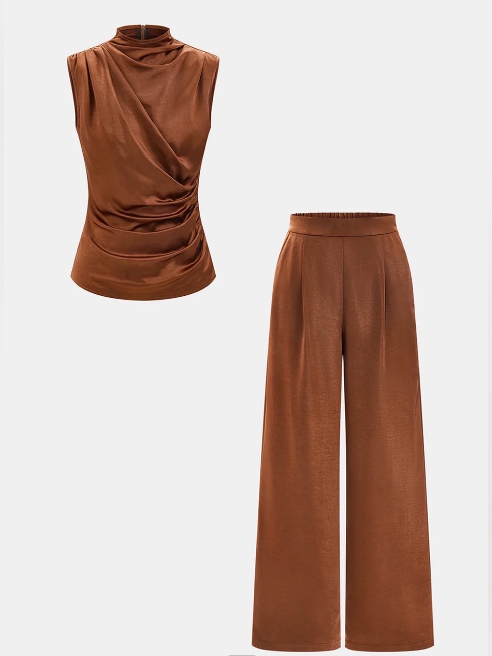 COMMENSE SATIN RUCHED TOP AND WIDE LEG PANTS